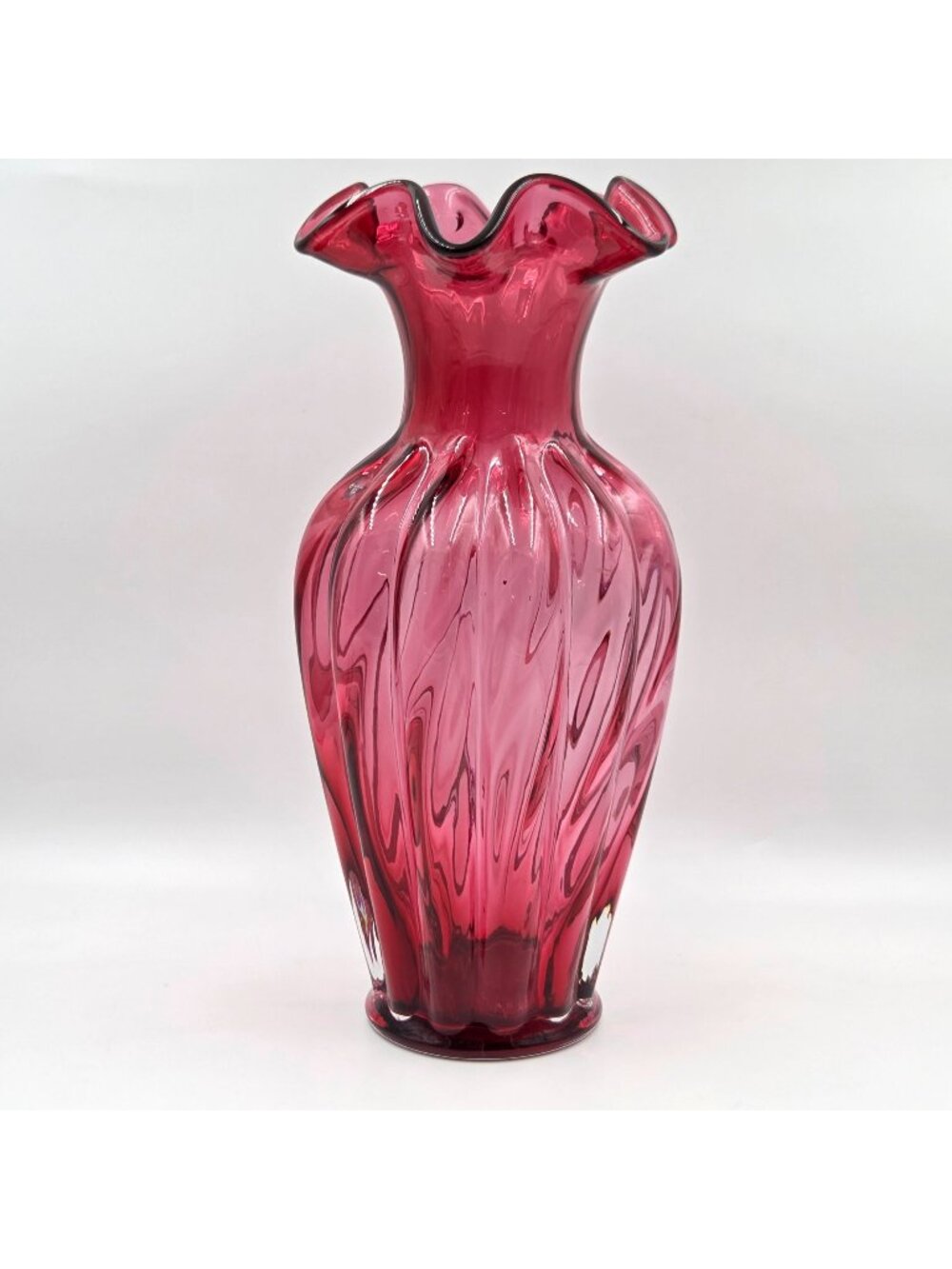 Fenton Country Cranberry Glass Vase Crimped Rim Pink Art Glass